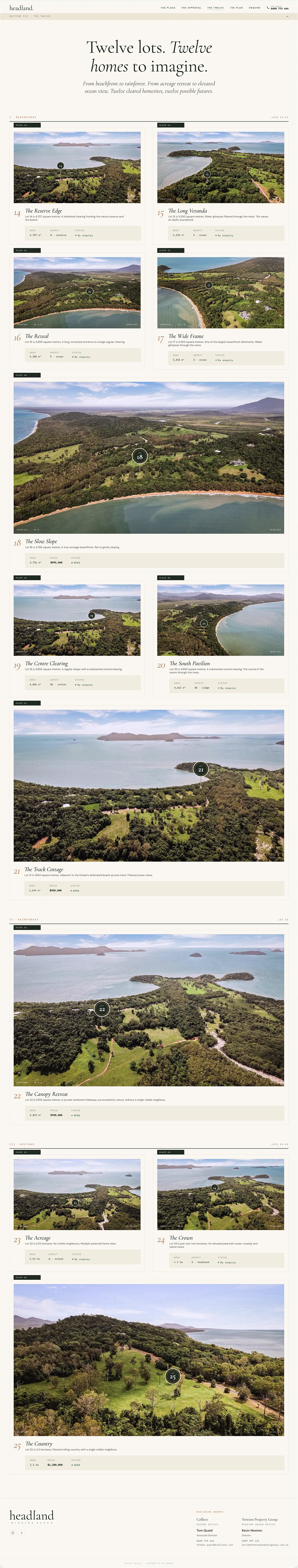 The Headland site, the Twelve page, live lot plates with area, aspect and status
