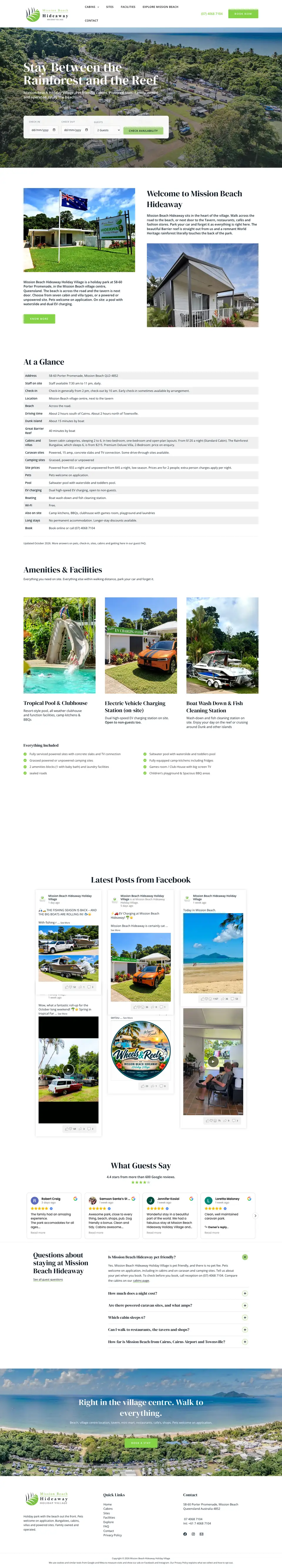 The Mission Beach Hideaway website, the whole page