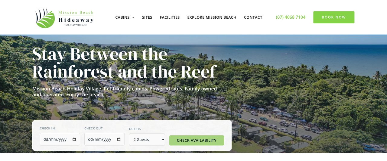 The Mission Beach Hideaway homepage, the hero and booking bar