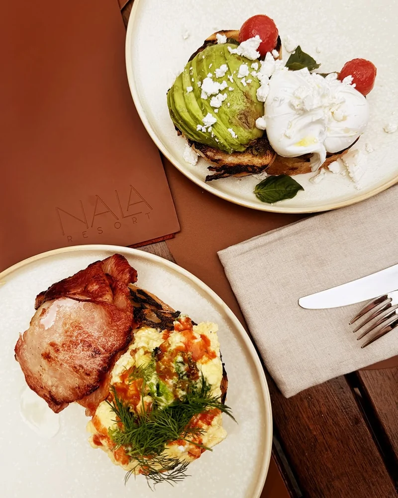 Brunch at Nala Resort, avocado and poached egg