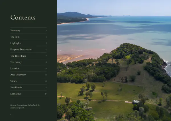Contents page, beside an aerial of the headland at low tide.
