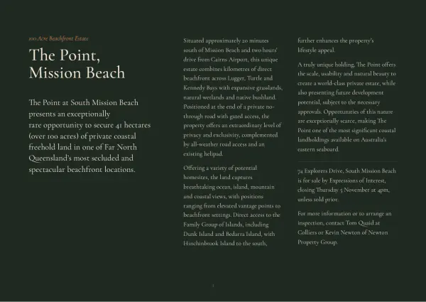 Summary page: The Point, Mission Beach, in three columns of text.