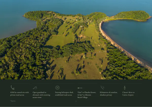 Highlights page: a full-width aerial over a row of six drawn icons.