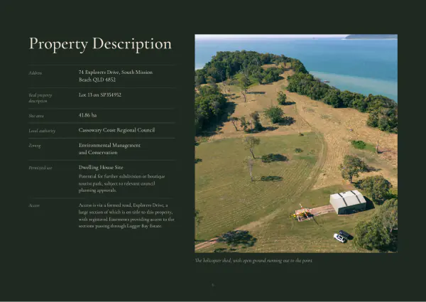 Property description: a table of the lot details beside an aerial of the helicopter shed.