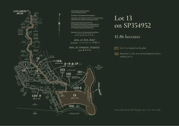 Survey plan page: Lot 13 on SP354952, 41.86 hectares, shaded in sand.