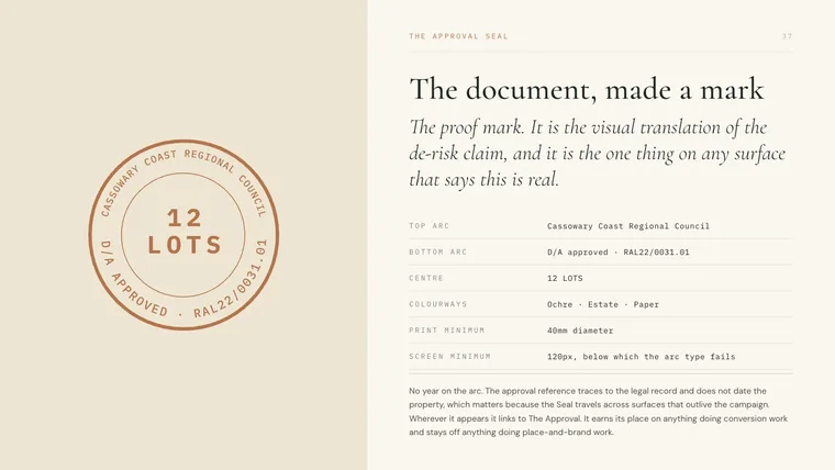 A plate from the Headland brand book showing the approval seal beside the words The document, made a mark